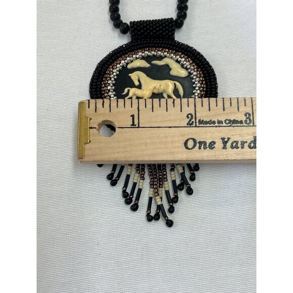 Handcrafted Beaded Necklace Horse Cameo Seed Bead Fringe Tassels - Picture 9 of 9